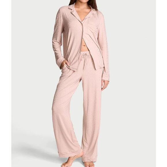 Victoria's Secret Pink Silver Heart Modal Soft Long Pajama Set-NEW- M - Picture 3 of 13